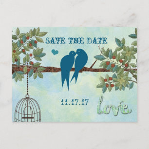 Carte Postale Faire-part Oiseaux d'amour en silhouette Cage à oiseaux Arbre