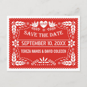 Carte Postale Faire-part Oiseaux de l'amour papel picado mariage rouge Save