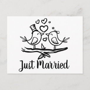 Carte Postale Faire-part Oiseaux Noir Blanc Inséparables Mariage Mariés