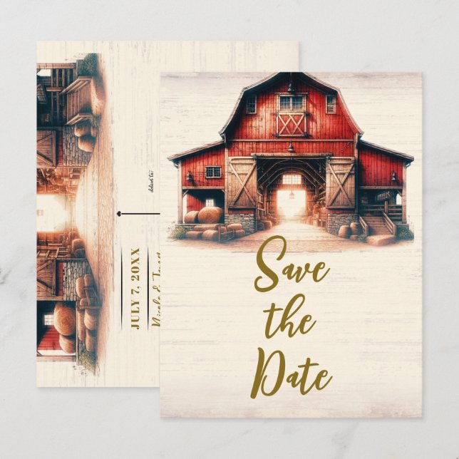 Carte Postale Faire-part Old Red Barn Rustic Mariage campagnard Enregistrer (Devant / Derrière)