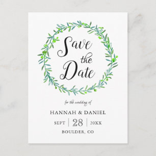Carte Postale Faire-part Olive Wreath Feuilles mariage Enregistrer la date