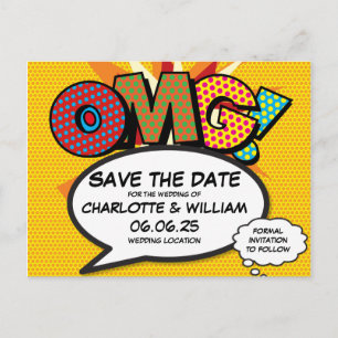 Carte Postale Faire-part OMG Enregistrer la date Fun Retro Comic Book Pop A