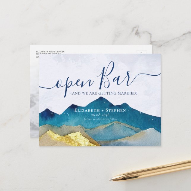 Carte Postale Faire-part Open Bar Gold Mountain Mariage Photo Enregistrer l (Devant/Arrière en situation)