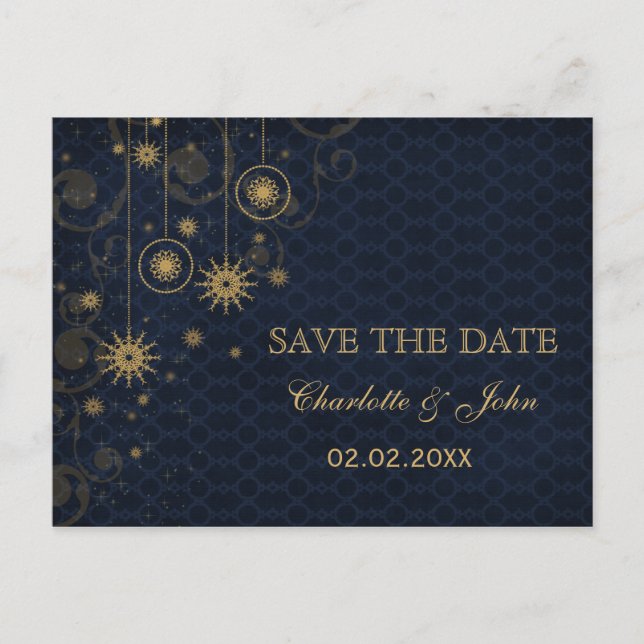 Carte Postale Faire-part or bleu Snowflakes Winter save Date (Devant)