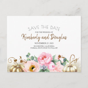 Carte Postale Faire-part Or et blanc Citrouille rose floral Enregistrer la 
