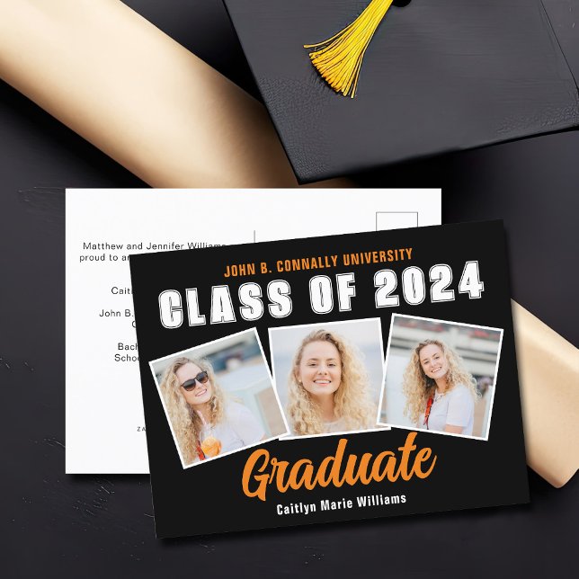 Carte Postale Faire-part Orange Black Graduate Photo Collage Graduate (Créateur téléchargé)