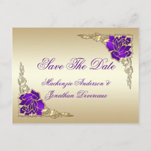 Carte Postale Faire-part Ornate Purple Rose Feuilles Or Enregistrer La Date