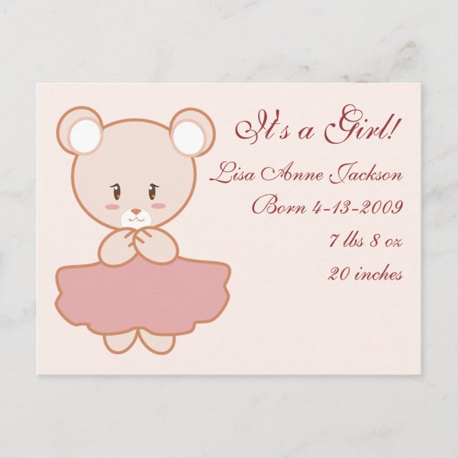 Carte Postale Faire-part Ours de fille (Devant)