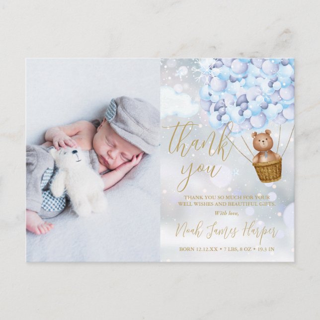 Carte Postale Faire-part Ours Mignon Bleu Merci Hiver Bébé Photo Naissance (Devant)