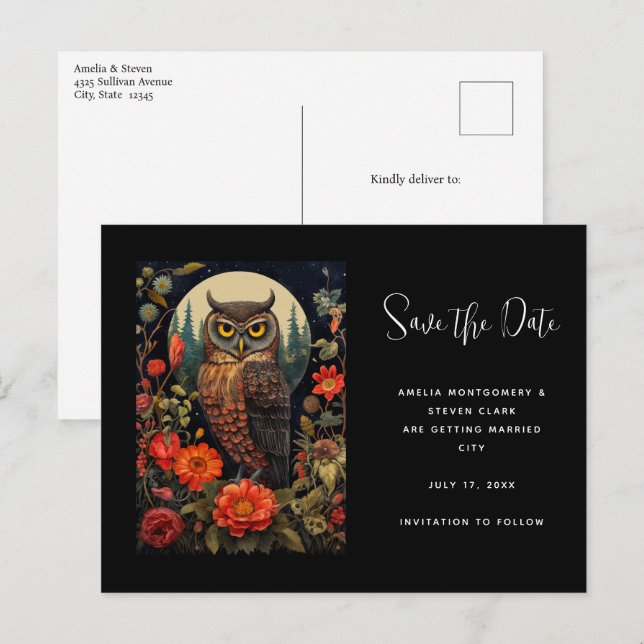 Carte Postale Faire-part Owl at Night with a Full Moon Wedding (Devant / Derrière)