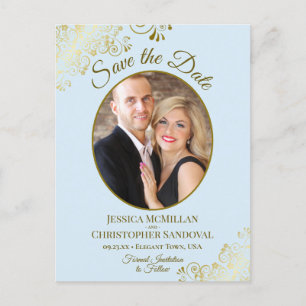 Carte Postale Faire-part Pale Blue & Gold Wedding Enregistrer la date Oval 