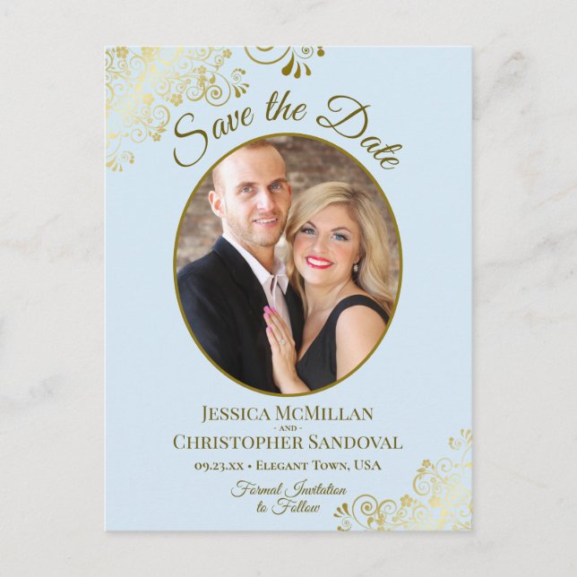 Carte Postale Faire-part Pale Blue & Gold Wedding Enregistrer la date Oval  (Devant)