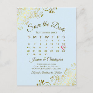 Carte Postale Faire-part Pale Blue & Gold Wedding Enregistrer le calendrier