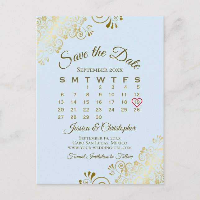 Carte Postale Faire-part Pale Blue & Gold Wedding Enregistrer le calendrier (Devant)