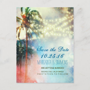 Carte Postale Faire-part palmiers lampes à cordes plage sauvez la date