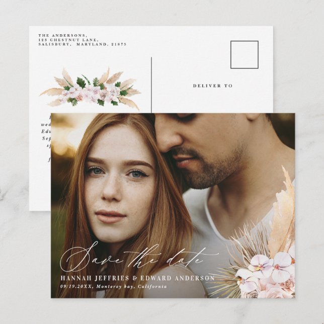 Carte Postale Faire-part Pampas bohème moderne herbe orchidée photo mariage (Devant / Derrière)