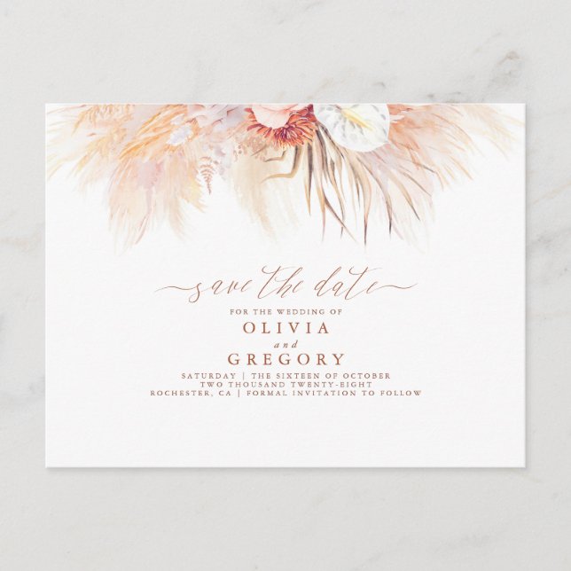 Carte Postale Faire-part Pampas Grass Floral Terracotta Enregistrer la date (Devant)