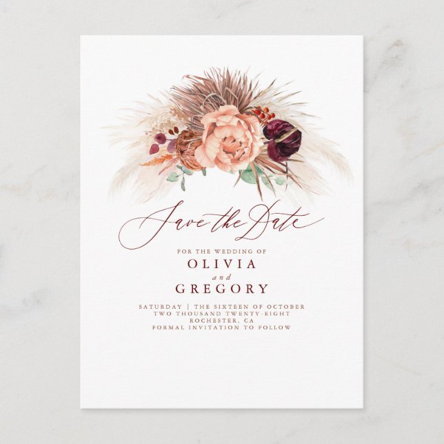 Carte Postale Faire-part Pampas Grass Floral Terracotta Enregistrer la date (Devant)
