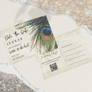 Carte Postale Faire-part Paon Turquoise Navy Bois Vintage Rustique