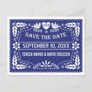Carte Postale Faire-part Papel picado mariage bleu foncé Save the Date