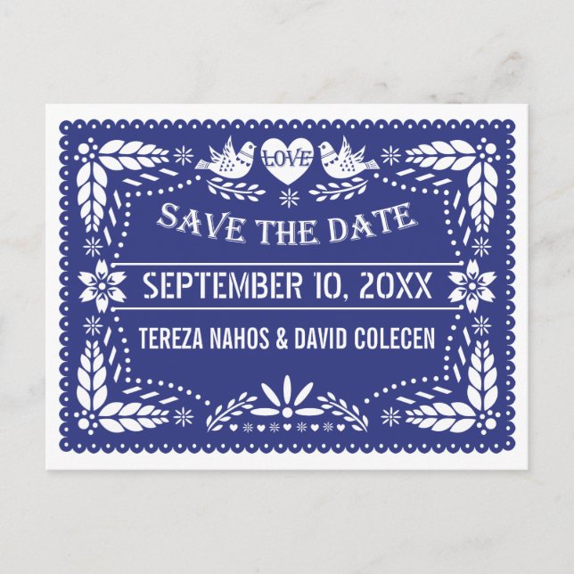 Carte Postale Faire-part Papel picado mariage bleu foncé Save the Date (Devant)
