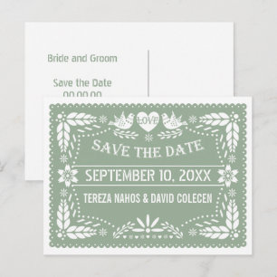 Carte Postale Faire-part Papel picado sauge mariage vert Enregistrer la dat