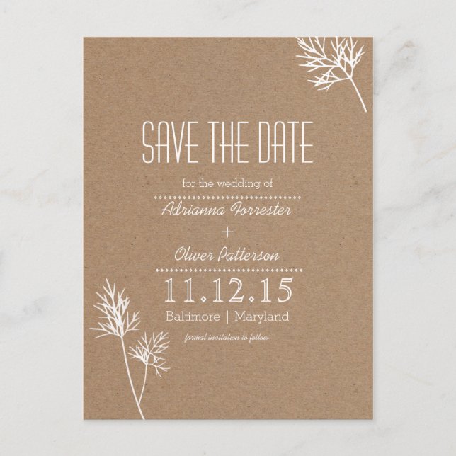 Carte Postale Faire-part Papier Kraft Brun et Feuilles Blanches Save The Da (Devant)