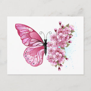 Carte Postale Faire-part Papillon à fleurs avec Sakura rose