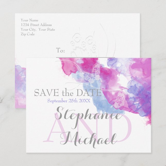 Carte Postale Faire-part Papillon aquarelle Baies Mixtes SavetheDate (Devant / Derrière)