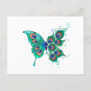 Carte Postale Faire-part Papillon aux plumes de paon vert