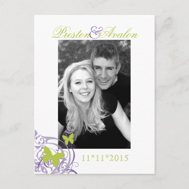 Carte Postale Faire-part Papillon de printemps violet Enregistrer la date C (Devant)