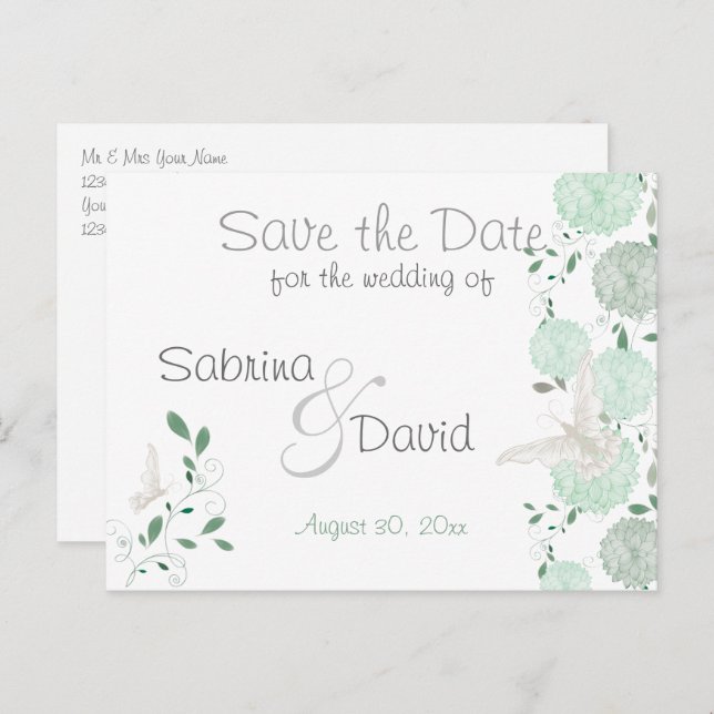 Carte Postale Faire-part Papillon Pistache Chrysanthème Enregistrer la Date (Devant / Derrière)