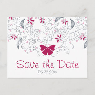 Carte Postale Faire-part Papillon rose foncé Whimsy Enregistrer la date Car