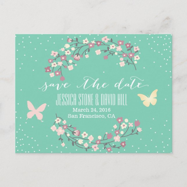Carte Postale Faire-part Papillon vert printemps & Fleurs Enregistrer la da (Devant)