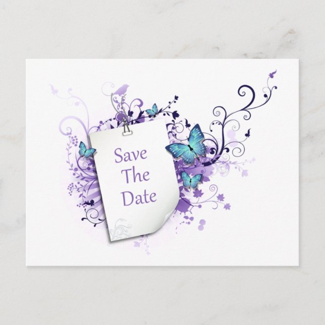 Carte Postale Faire-part Papillons Bleus Tourbillons Violets Sauvegarder La (Devant)