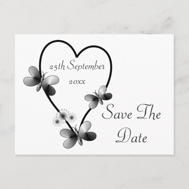 Carte Postale Faire-part Papillons Coeur Noir Et Blanc Enregistrer La Date (Devant)