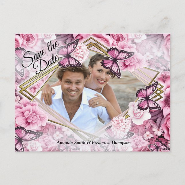 Carte Postale Faire-part Papillons et Fleurs dans des tons roses variés (Devant)