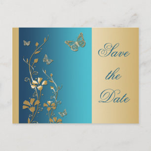 Carte Postale Faire-part Papillons turquoise et or Enregistrer la date Cart