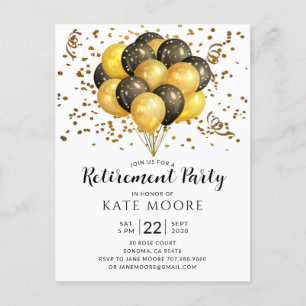 Carte Postale Faire-part Partie de retraite moderne Gold Black Ballons