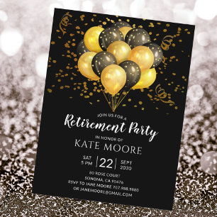 Carte Postale Faire-part Partie de retraite moderne Gold Black Ballons Noir