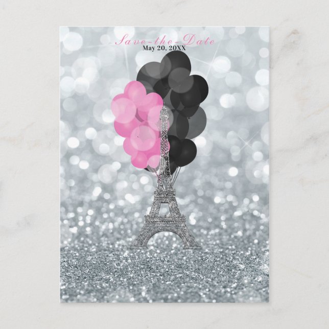 Carte Postale Faire-part Parties scintillant d'argent Balloons Tour Eiffel  (Devant)
