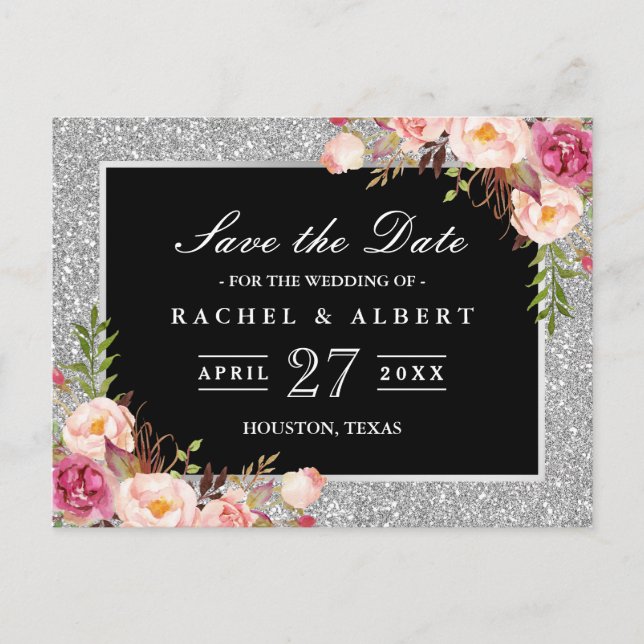 Carte Postale Faire-part Parties scintillant d'argent Mariage floral Enregi (Devant)