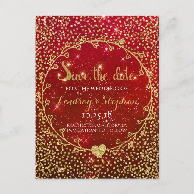 Carte Postale Faire-part Parties scintillant d'or Confetti Glam Rouge Enreg (Devant)