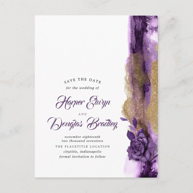 Carte Postale Faire-part Parties scintillant Eggplant Purple et Gold Enregi (Devant)