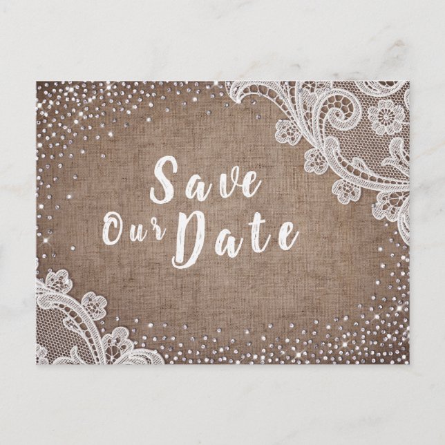 Carte Postale Faire-part Parties scintillant en argent en dentelle rustique (Devant)