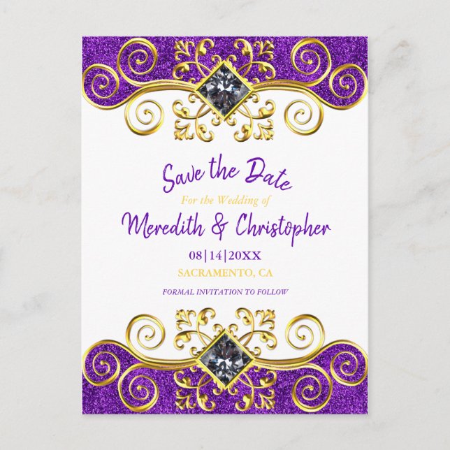Carte Postale Faire-part Parties scintillant royale violet Gold Gemstone En (Devant)