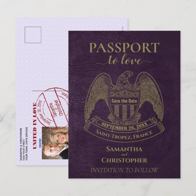Carte Postale Faire-part Passeport Violet Mignon Mariage Enregistrer la Dat (Devant / Derrière)