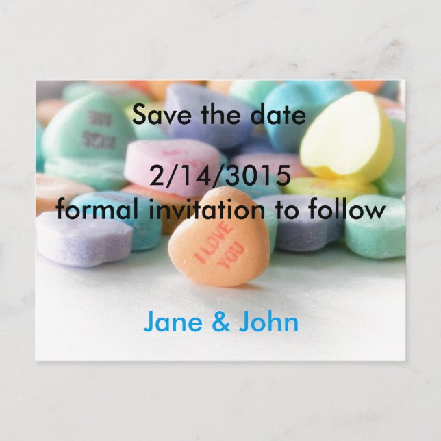 Carte Postale Faire-part pastel bonbon coeur mariage enregistrer la date ca (Devant)