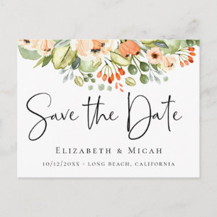 Carte Postale Faire-part Peach Watercolor Floral Enregistrer la date
