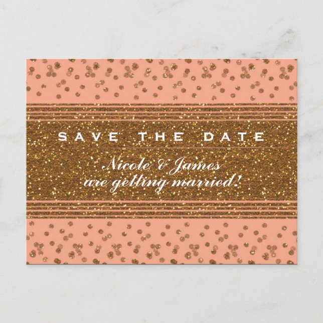 Carte Postale Faire-part Peachy Pink & Gold Confetti Enregistrer La Date Ca (Devant)